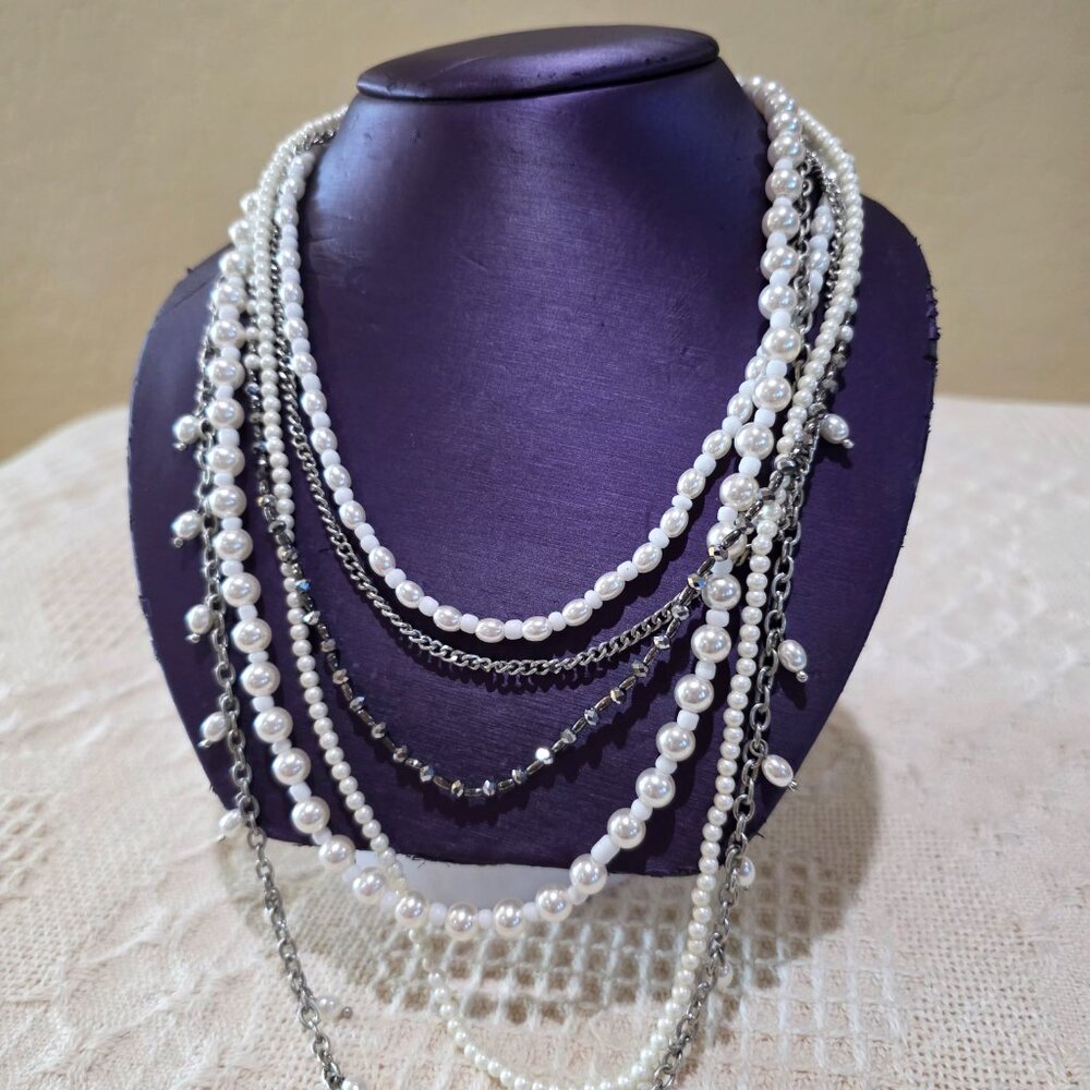 Pearls and Silver Chains Six 6 Strand Layered Vintage Long Elegant Necklace